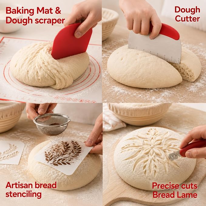 Sourdough Starter Kit, 62-Piece – 9" Round & 10" Oval Banneton Proofing Baskets, Linen Liners, Bread Lame, Dough Whisk, Scrapers, Starter Jar, Cooling Rack and Bread Bags
