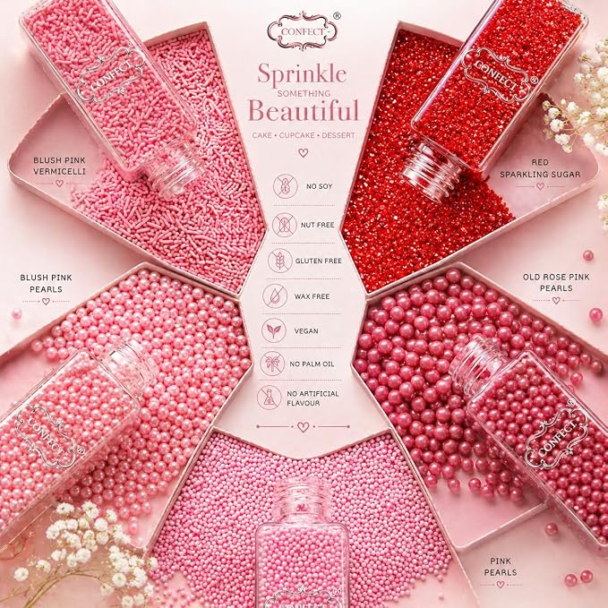 Confect Sprinkles for Cakes & Cupcakes Decoration Assorted pack of 5 Pink Pop Sprinkles Mix Blush Pink, Baby Suger & Coral Dragees Baby Pink Jimmies Vegan, Gluten-Free, Nut-Free, Soy-Free, Dairy-Free , Handcrafted Sprinkle- 5 Oz