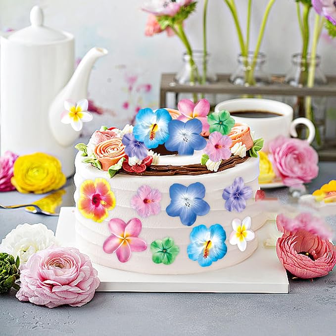 48 PCS Edible Flowers Cupcake Toppers Wafer Paper Birthday Party Hawaiian Birthday Party Decoration Wedding Themed Party Cake Decoration