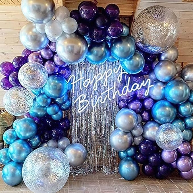PartyWoo Blue and Silver Balloon Garland, 100 pcs Balloons Different Sizes Pack of 18 Inch 12 Inch 10 Inch 5 Inch Navy Blue Silver Metallic Balloons for Birthday Decorations, Party Decorations