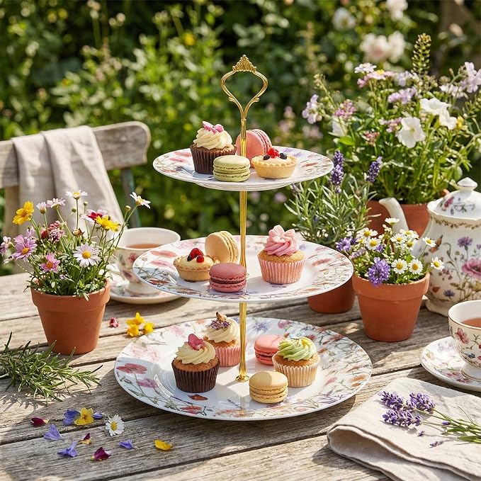 Lallisa Wildflower Party 3 Tier Dessert Stand 10,9 and 7 Ceramic Wildflower Baby Shower Tea Party Tiered Tray Cupcake Stand Display Holder Tower for Wedding Bridal Shower Decoration