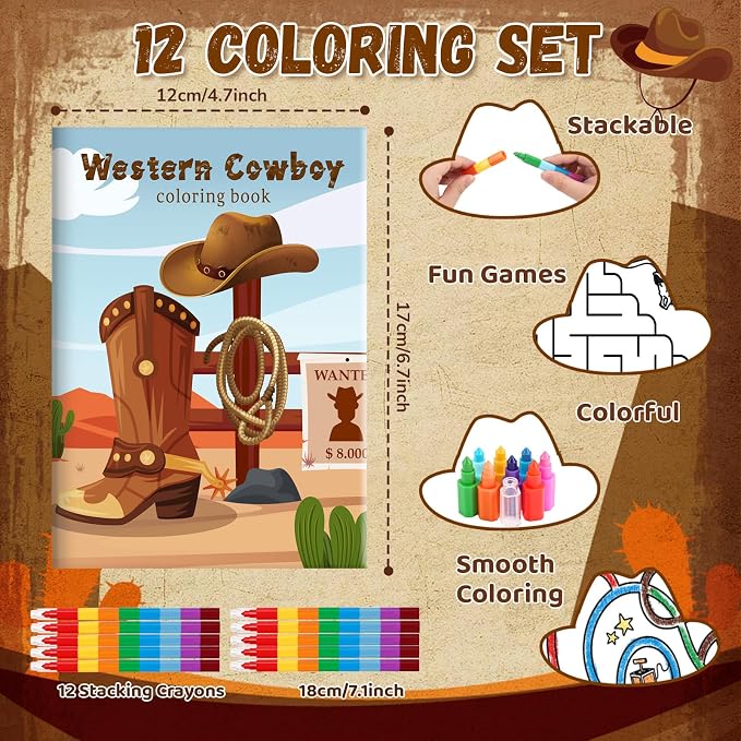 BenLouis 12 Western Cowboy Mini Coloring Books Kids with 12 Stacking Crayons Wild West Party Favors Small Activity Books Bulk for Kids Yee Haw Rodeo Party Horse Gift Goodie Bag Stuffers