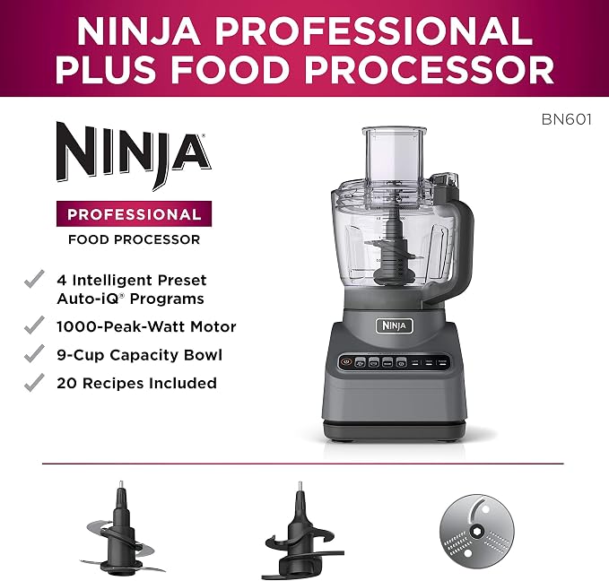 Ninja BN601 Professional Plus Food Processor 1000-Peak-Watts with Auto-iQ Preset Programs Chop Puree Dough Slice Shred with a 9-Cup Capacity and a Silver Stainless Finish (Renewed)