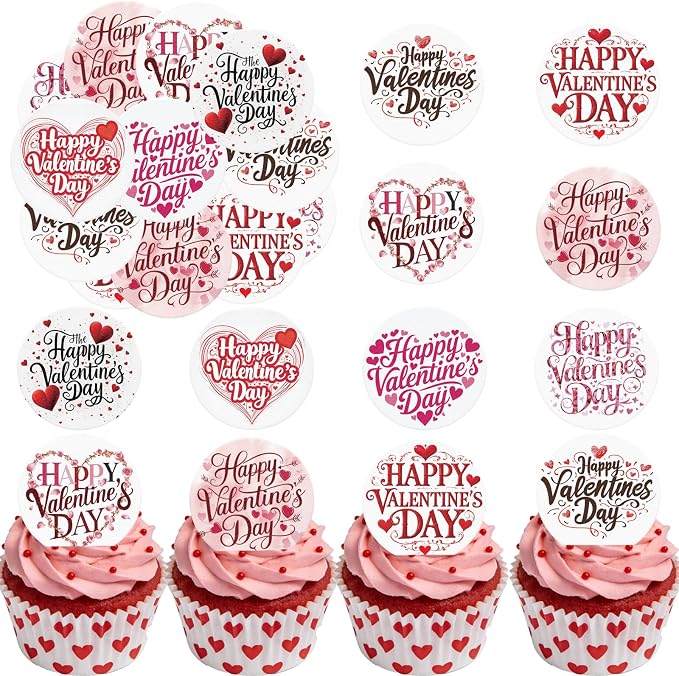 36PCS Edible Happy Valentine’s Day Cupcake Toppers Wafer Paper Sweet Love Be Mine Kiss Me Cupcake Picks Valentine’s Cake Decor for Valentine's Day Theme Wedding Party Supplies