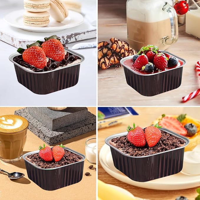 50 Pcs Mini Square Baking Cups with Lids,5oz Aluminum Foil Mini Cake Pans with Lids,Disposable Ramekins Cake Pans,150ml Dessert Cups Cupcake Pans for Wedding Birthday Party,Coffee