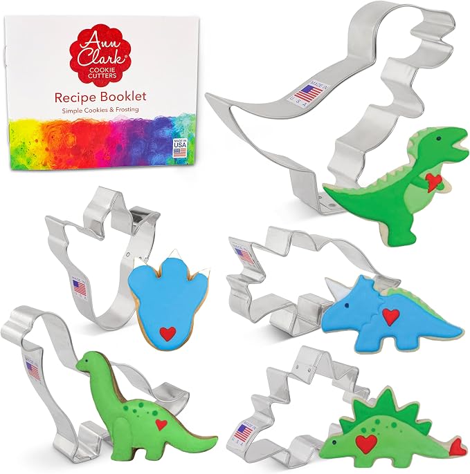 Ann Clark Dinosaur Cookie Cutters 5-Pc Set (Triceratops, Stegosaurus, T-Rex, Brontosaurus, Dino Footprint) Made in USA