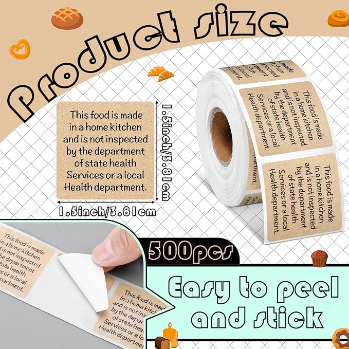 500 Count Cottage Food Law Labels Stickers Kraft Brown Home Made Stickers 1.5” Square Thermal Printed Labels for Home Kitchen Bakery Bread Sourdough