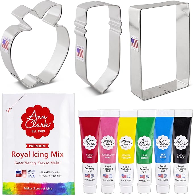 Ann Clark Cookie Cutters Back to School 3 Piece Cookie Cutter Set, 6 Pack Food Coloring Gel, and 2 Pack Royal Icing Mix Made in USA