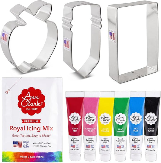 Ann Clark Cookie Cutters Back to School 3 Piece Cookie Cutter Set, 6 Pack Food Coloring Gel, and 2 Pack Royal Icing Mix Made in USA