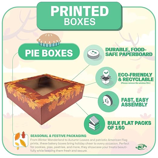 SCT Autumn Pie Boxes with Window (150 Quantity), 9x9x2.5, Apple Pie, Pumpkin, Fall Bakery, and Dessert Boxes, Thanksgiving Packaging, 2462