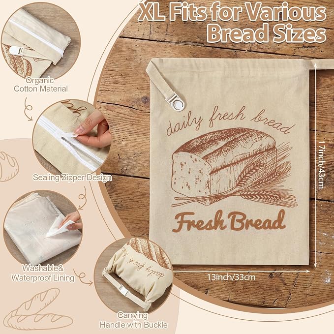 Hsei 5 Pack Beeswax Bread Bags for Sourdough & Homemade Bread 17 x 13'' XL Reusable Organic Linen Wraps with Sealing Zip for Fresh Food Storage Loaf Fresh Freezer Baker Gift