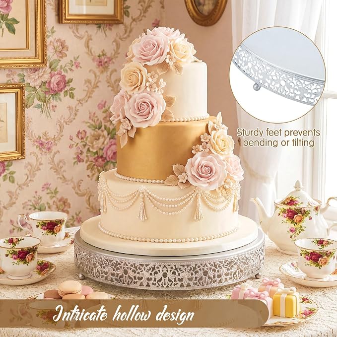 Wenqik 16 Inch Silver Cake Stand Set Metal Round Cupcake Dessert Stand with Cake Cutting, Spatula Wedding Cupcake Pastry Display Candy Holder Display for Wedding Party Birthday Baby Shower(Classic)