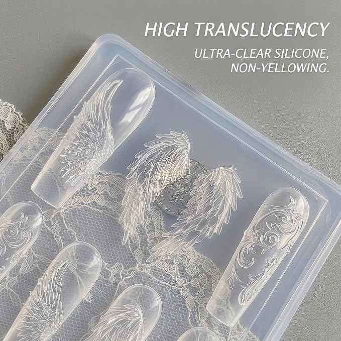3D Angel Wings Nail Art Silicone Mold, Feather Wing Nail Charm Mold for UV Gel Acrylic Resin, Reusable Nail Art Decoration Mold for DIY Nail Design