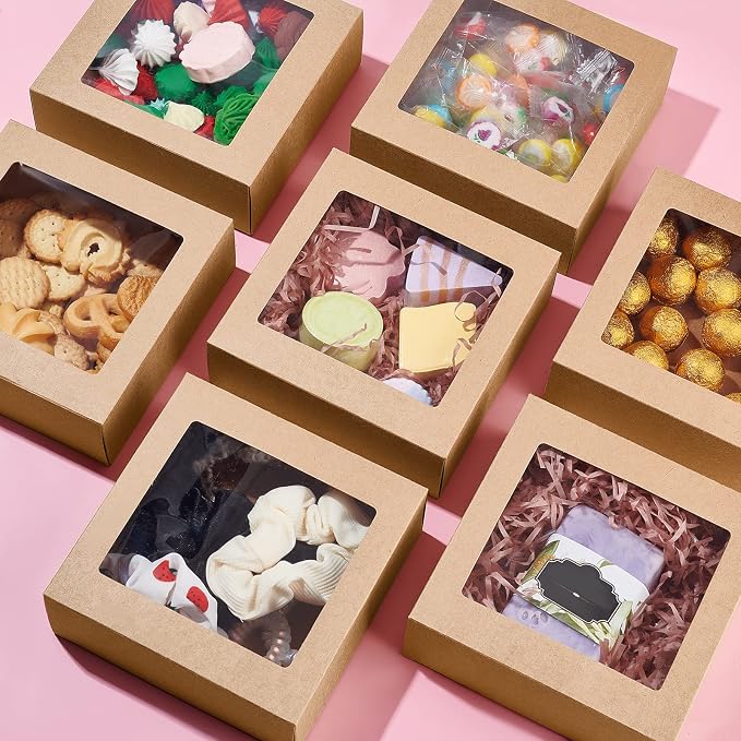 BENECREAT 16Packs 5.5x5.5x2inch Clear PVC Square Window Gift Boxes, Brown Kraft Paper Present Boxes for Wedding Gift, Chocolates, Cookies and Other Small Crafts