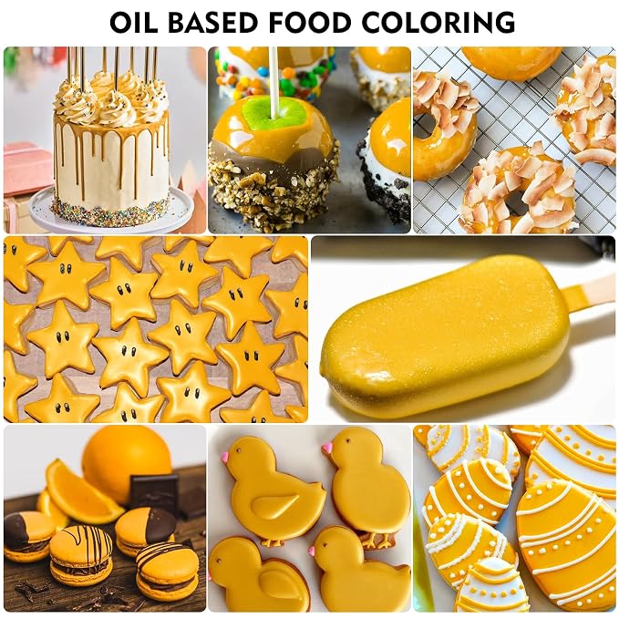 Oil Based Food Coloring - Vibrant Food Coloring for Chocolate, Candy Melts, Baking, Cake Decorating - Upgraded Edible Food Color Dye for Icing, Fondant,Butter, Cookie, DIY Crafts - 2 Fl.oz (Gold)