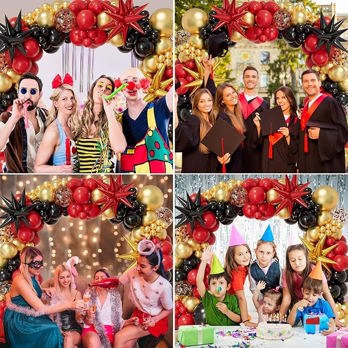 Bonropin Red Black Gold Balloon Garland Arch Kit 158pcs with Red Black Gold Confetti Balloons, Star Foil Balloons, for Graduation New Year Anniversary Birthday Party Decorations