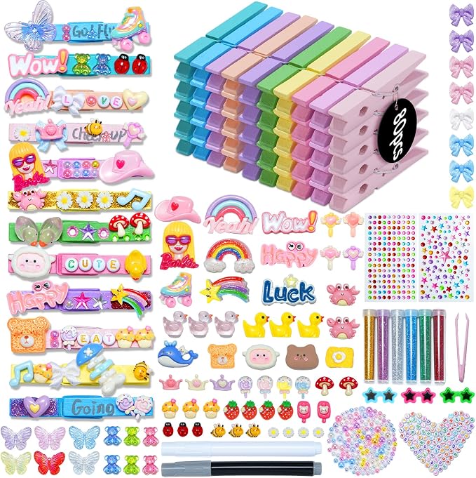 Cheer Pins for Cheerleaders, 80 Pcs Team Spirit Clips Clothes Pins Wooden | 250+ Pcs Mini Resin Charms, Bows, Beads, Stickers, Fade-resistant, Ideal for Craft Making, Backpack Deco, Gift Giving