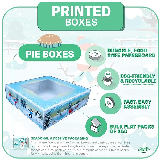 SCT Winter Wonderland Pie Boxes with Window (150 Quantity), 9x9x2.5, Christmas Cookie, Gingerbread, Holiday Bakery Treat, and Dessert Boxes for Pies & Cookies, 2496