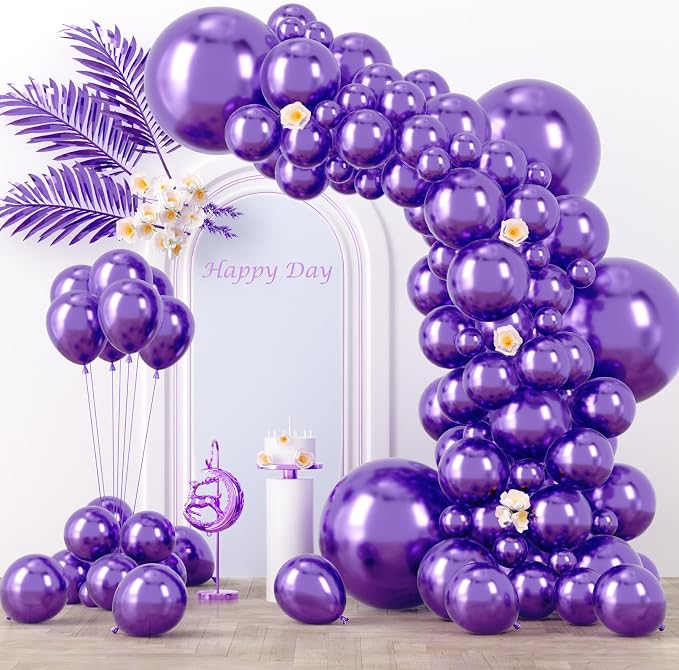 Voircoloria 130pcs Metallic Purple Balloons Different Sizes 18" 12" 10" 5" Chrome Purple Latex Balloon Garland Arch Kit for Birthday Baby Shower Graduation Wedding Gender Reveal Party Decorations