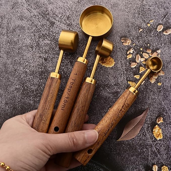 8 pieces Golden Measuring Cups Set and Measuring Spoons Set with Scale, BRIIEC Wooden Handle Stainless Steel Dry & Liquid Measuring Cup for Cooking Baking