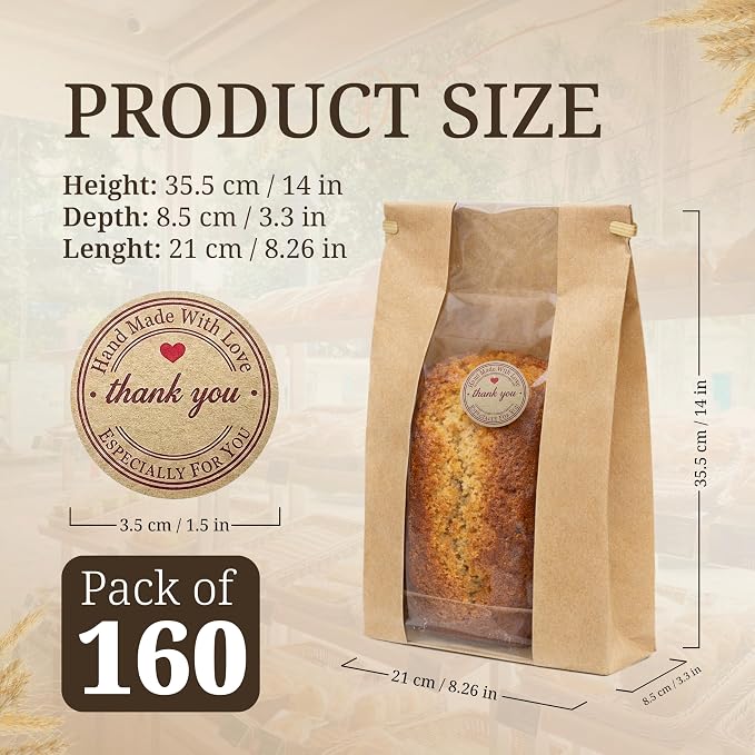 Pack of 160 Sourdough Bags for Homemade Bread with Tin Tie Tab Lock，for Large Paper Bread Bags for Sourdough Bread 14" x 8.3" x 3.5"，Round Sourdough Bread Bags Paper with Clear Front Window