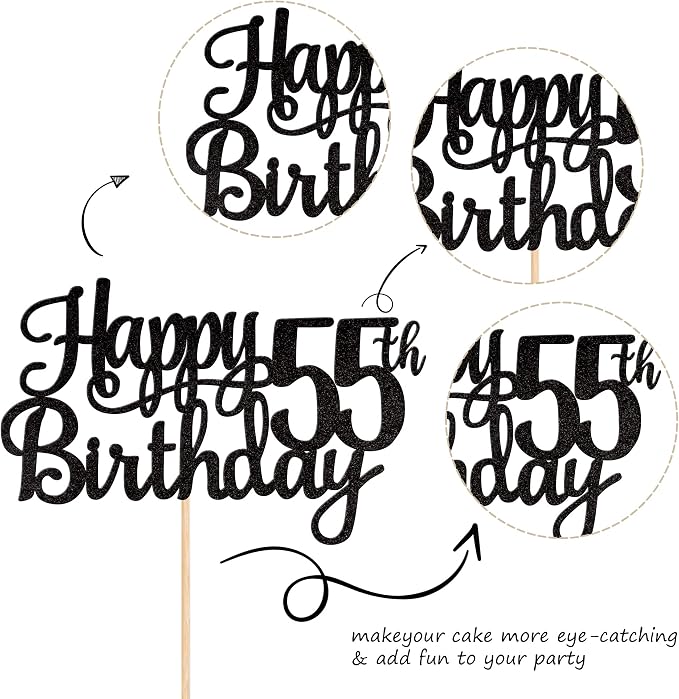 1 PCS Happy 55th Birthday Cake Topper Glitter Cheers to 55 Years Birthday Cake Pick 55 Fabulous Cake Decoration for Happy 55th Birthday Theme Party Decorations Supplies Black