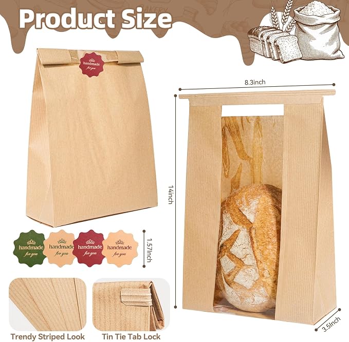 Funcoo 100 Paper Bread Bags for Homemade Bread, Tin Tie Tab Lock Sourdough Bags Bakery Bag with Window，Large Bakery Loaf Bag for Baked Goods Packaging, Label Seal sticker included (100)