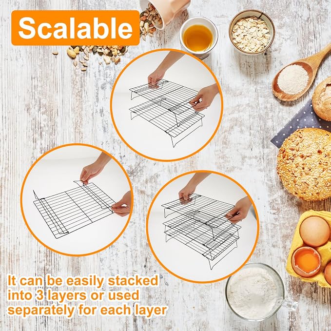 3-Tier Cookie Cooling Rack, 13.4“x9.4" Stackable Iron Baking Cooling Rack,Cooling Rack for Baking, Foldable Wire Cooling Rack Space Saving for Cupcakes Pies Cookies gadgets