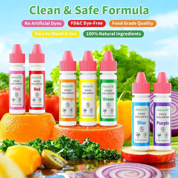 Natural Food Coloring for Baking, Cherrysea 7x10ml Rainbow Liquid Colors Artificial & Synthetic Dye Free Food Dye for Cake Easter Egg Decorating, Frosting, Slime Making & Cookies -0.35 Floz/Bottles