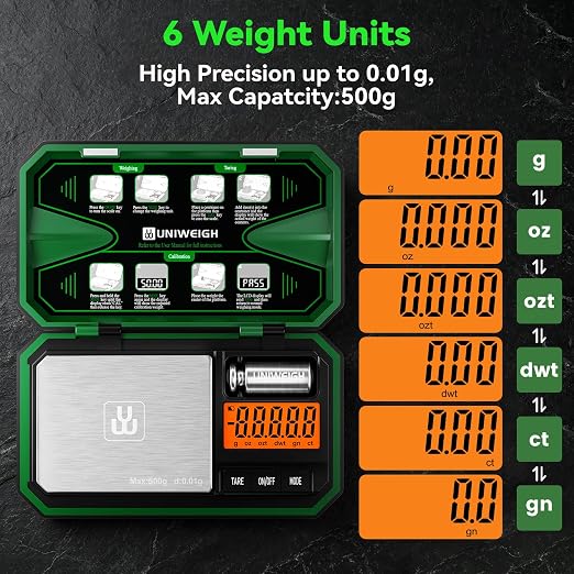 UNIWEIGH Digital Gram Scale 500g x 0.01g Accuracy Small Scale | Mini Pocket Jewelry Scale 6 Units/LCD,Weighs Small Food,Coin,Powder,Micro,Grains,Tare Function,Green(Battery Included)