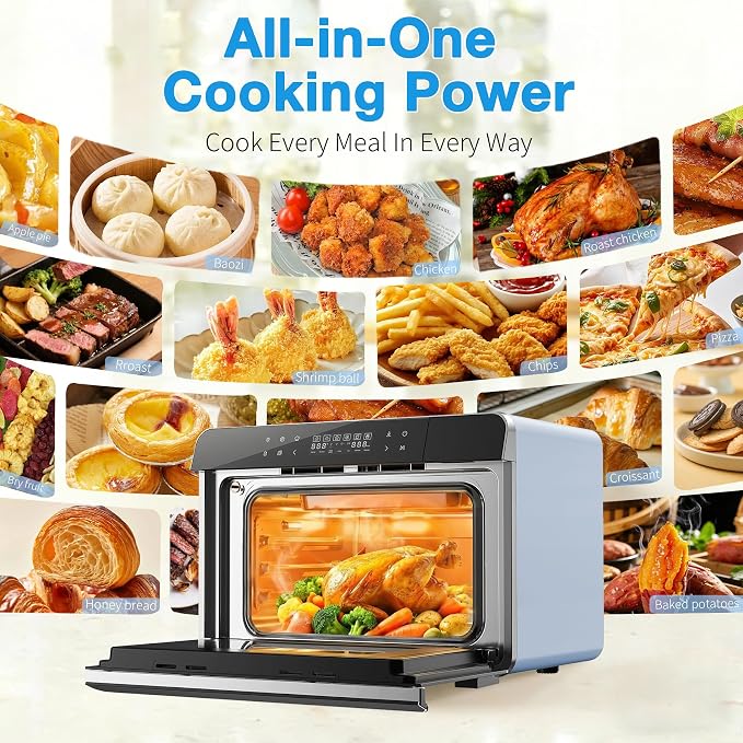ROBAM Toaster Air Fryer Combi Oven, Countertop Steam Oven 14-in-1 with Convection Steam Roast & Bake, Multi-Stage Cooking, Self-Clean, 7 Modes, 30 Built-In Recipes, for Kitchen Pizza Baking (Blue)