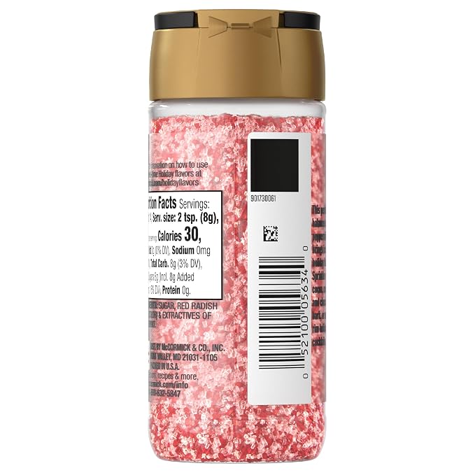 McCormick Finishing Sugar, Candy Cane, Limited Edition, Sweet Peppermint, Iconic Holiday Flavor, For Hot Chocolate, Chocolate Fudge, Bark, Cocktails, and More, 3.81 oz (Pack of 2)