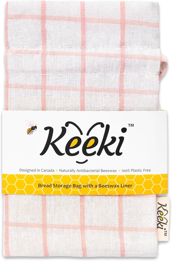 Keeki Bag - The Original Beeswax-Lined Bread Storage Bag (Pink) | Plastic-free Beeswax Wrap Alternative w/ Wide Drawstring Closure, Breathable, Washable Linen for Homemade Artisan Bread
