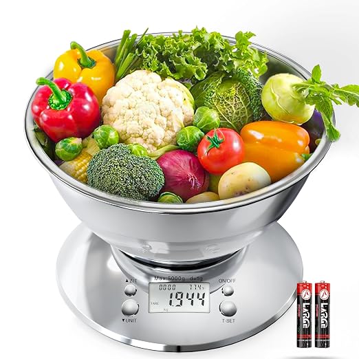 GRAM PRES Kitchen Food Scale Digital Weight Grams and Oz，Professional Stainless Steel Digital Kitchen Food Scale 11lb/0.1oz with Bowl for Weight Loss Dieting Baking Cooking