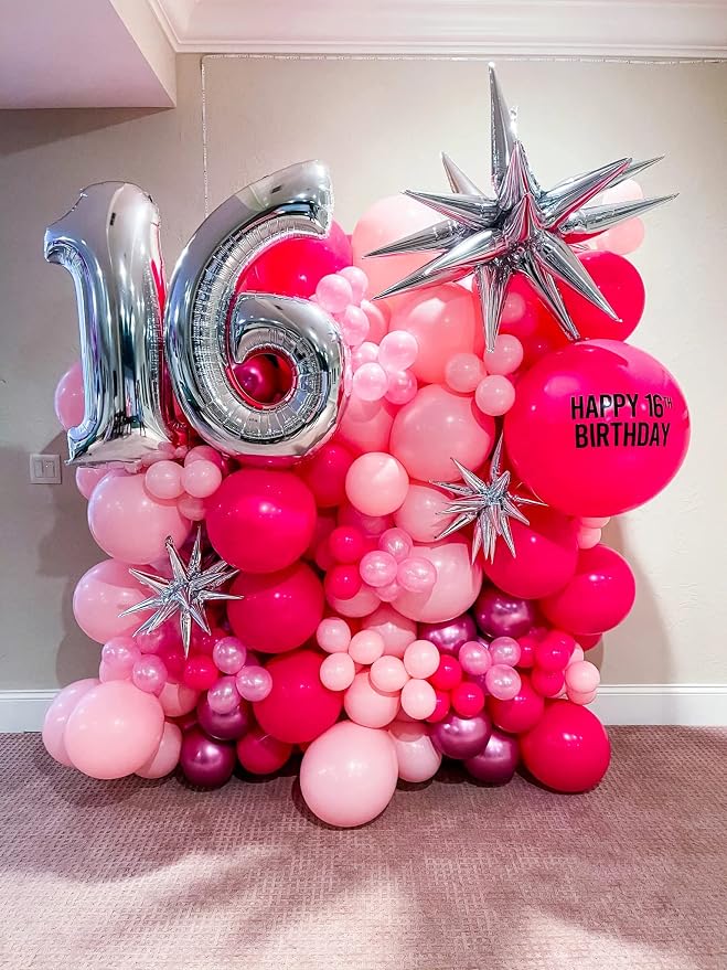 Voircoloria 130pcs Hot Pink Balloons Different Sizes 18" 12" 10" 5" Dark Pink Balloons for Birthday Graduation Baby Shower Wedding Anniversary Princess Theme Party Valentine's Day Decorations