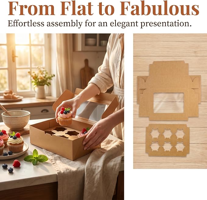 Jucoan 50 Pack Kraft Cupcake Box with Insert and Window Hold 6 Standard Cupcake, Food Grade Cupcake Carrier Container, Brown Bakery Box for Pastry, Cookies, Small Cake, Desserts Treat