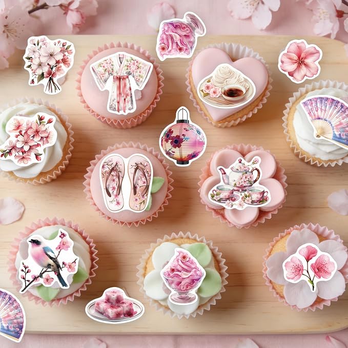56PCS Edible Cherry Blossoms Cupcake Toppers Japanese Edible Cherry Flowers Tree Cake Picks Wafer Paper Cherry Cupcake Decors for Cherry Theme Party Cake Supplies