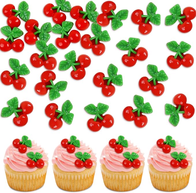 24Pcs Resin Cherry Cupcake Toppers 2D Fruit Cherries Cupcake Picks for Baby Shower She Is Cherry On Topper Party Decorations Boys Girls Fruit Birthday Party Supplies Cherries Table Decorations