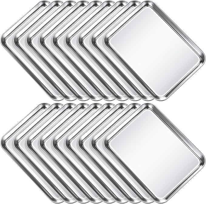 Potchen 18 Pcs Baking Sheet Pan Set Stainless Steel Cookie Sheet Small Toaster Oven Pans Tray Barbecue Grill Pan Rectangle Trays Oven Freezer Bakery, Non-stick, Easy Clean, 9 x 6.7 x 1 Inches