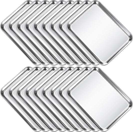Potchen 18 Pcs Baking Sheet Pan Set Stainless Steel Cookie Sheet Small Toaster Oven Pans Tray Barbecue Grill Pan Rectangle Trays Oven Freezer Bakery, Non-stick, Easy Clean, 9 x 6.7 x 1 Inches