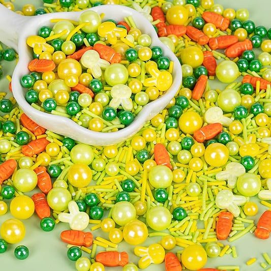 Edible Yellow Green Sprinkles for Cake Decorating,130g,Rabbit Sprinkle,Orange Carrot Pearls and Jimmies,Bunny Candy Baking Decorations,Cupcake Toppers,Cookie Donuts Ice Cream Dessert,Birthday Children's Anime Farm Garden Summer Party Supplies