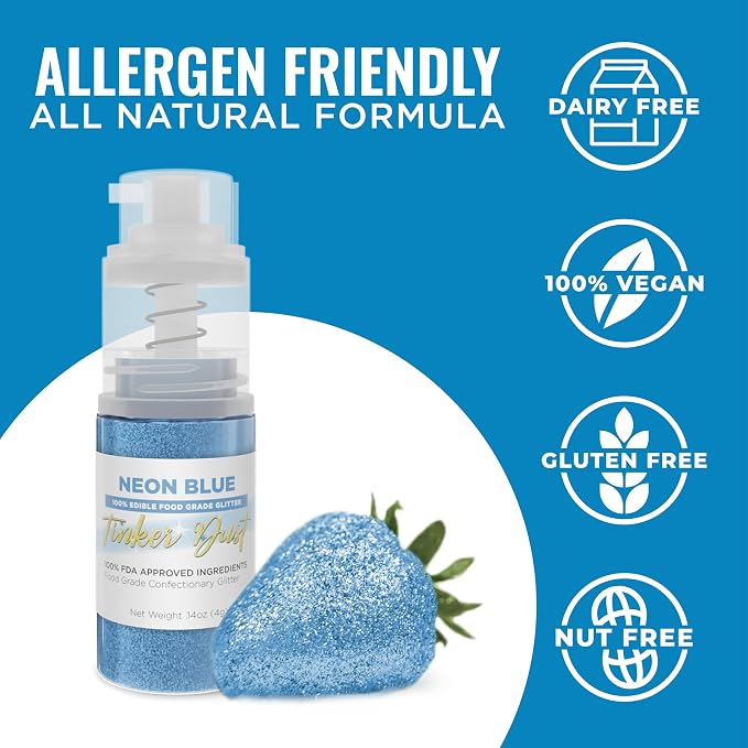 Bakell - Neon Blue Tinker Dust (4g, 1x Mini Spray Pump) Edible Glitter for Food, Desserts, and Baked goods!