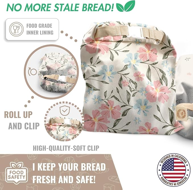 Cozy Bread® Reusable Bread Bag Set for Home Bakers | USA Brand | Charming Bread Designs (Hibiscus)