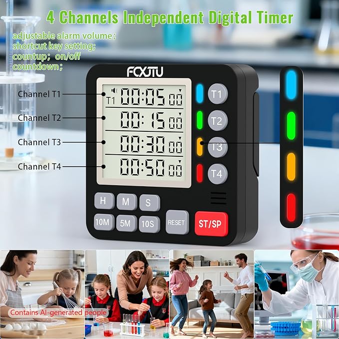 Digital Dual Kitchen Timer, 4-Channel Magnetic Countdown Timer for Cooking, On/Off, Large Display Multi Food Loud Alarm Silent for Classroom Seniors Battery Included (Black)