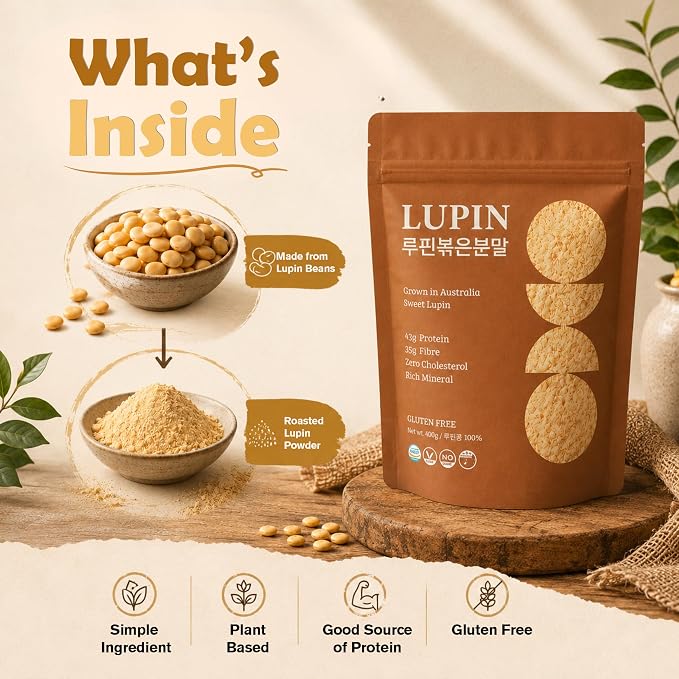 Lupinery Roasted Lupini Beans Flour Powder | 100% Australian Lupin 400g | High Protein Gluten Free Flour Alternative | Low Carb Plant Based Ingredient for Bread Smoothies Cooking and Baking