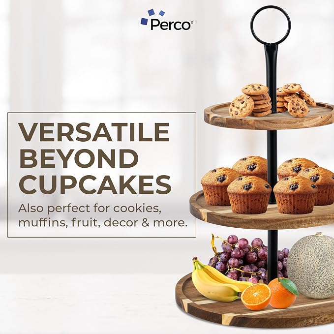 Perco Cupcake Stand, 3 Tier Wooden Tiered Display Stand for 20 Cupcakes – Wood Dessert Table Display Set, Tiered Serving Tray for Weddings, Birthdays, Baby Showers & Events