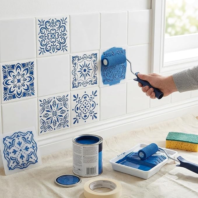 24 Pack Scroll Tile Stencils, 4 Inch Reusable Moroccan Scroll Tile Stencils for Painting Floors, Walls, Furniture, Crafts, Cake Decorating - Azulejo Tile Pattern Templates for DIY Home Decor & Baking