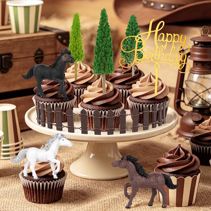 Hooqict 9Pcs Horse Cake Decorations Set with Happy Birthday Cowboy Cake Toppers for Western Cowboy Themed Horse Birthday Party Decorations Supplies