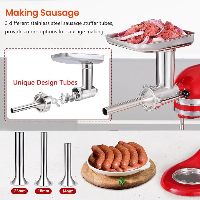 KINGEAGLE Stainless Steel Food Grinder Attachment for KitchenAid Stand Mixer, Durable Meat Grinder, Includes 3 Grinding Plates, 3 Sausage Stuffer Tubes, 2 Grinding Blades, Dishwasher Safe