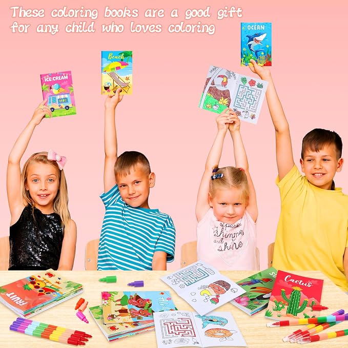 BenLouis 24 Summer Mini Coloring Books Kids with 24 Stacking Crayons Beach Pool Party Favors Activity Books Bulk for Kids Summer Birthday Goodie Bag Gift Stuffer Classroom Reward
